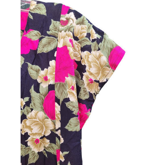 Vintage Black‎ Pink Floral Flutter Short Sleeve Scoop Neck Fit Flare Midi Dress - Picture 6 of 8
